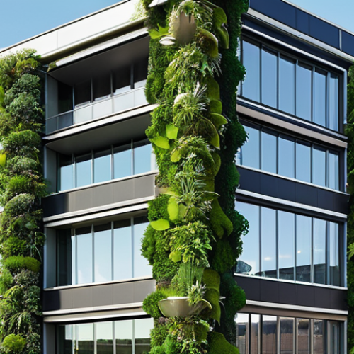 Home 7 **Sustainable Strategy Integration:** A modern, innovative business building with abundant green architecture (e.g., vertical gardens, solar panels on the roof) seamlessly integrated into its design. Inside, diverse professionals are collaborating in bright, open spaces, with subtle visual elements hinting at ESG (Environmental, Social, Governance) metrics and growth, symbolizing a holistic and responsible business vision.