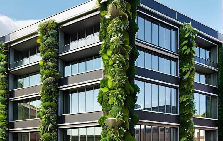 **Sustainable Strategy Integration:** A modern, innovative business building with abundant green architecture (e.g., vertical gardens, solar panels on the roof) seamlessly integrated into its design. Inside, diverse professionals are collaborating in bright, open spaces, with subtle visual elements hinting at ESG (Environmental, Social, Governance) metrics and growth, symbolizing a holistic and responsible business vision.